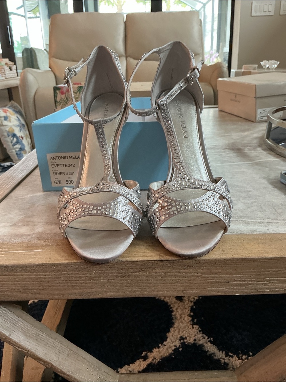 ANTONIO MELANI Silver Crystal T-Strap Evening Sandals